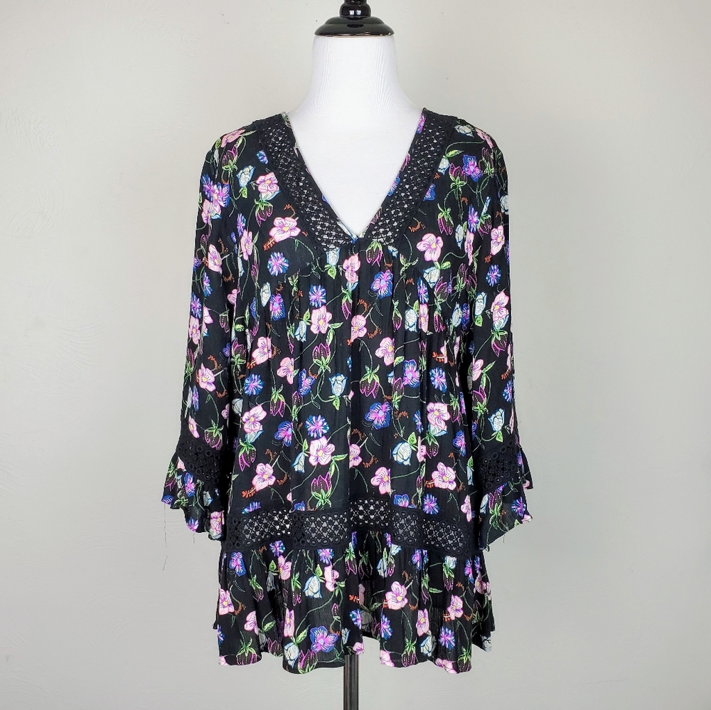 DR2 Daniel Rainn Top Tunic Black Floral Lace Boho Cottagecore Summer Fall